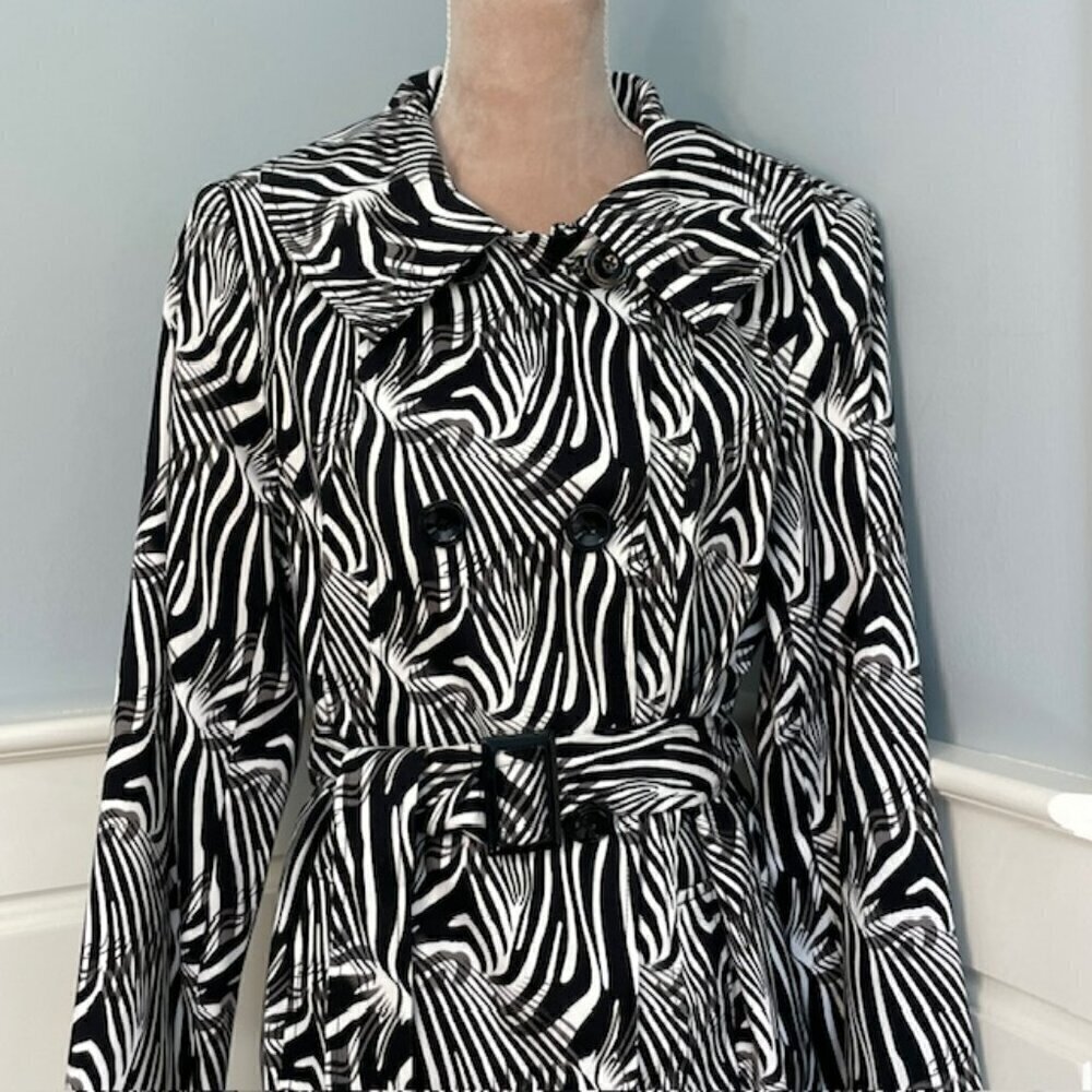 Doncaster Trench Coat Belted Abstract Print Black & White Size 12 - Picture 2 of 9
